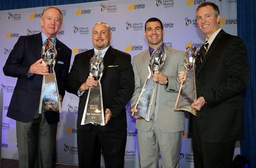 Last year's Liberty Mutual Coach of the Year winners Willie Fritz, Sam Houston State; Peter Rossomando, New Haven and Glenn Caruso, Univ. of St. Thomas, stand with program spokesperson Archie Manning