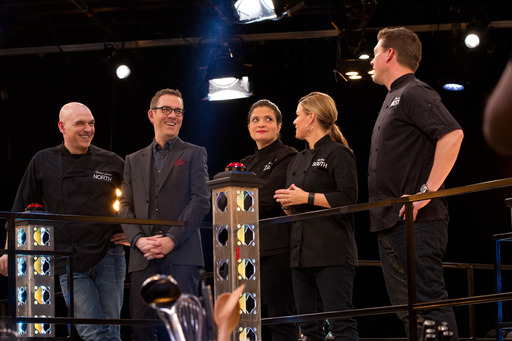 Host Ted Allen with Mentors Michael Symon, Alex Guarnaschelli, Cat Cora and Tyler Florence