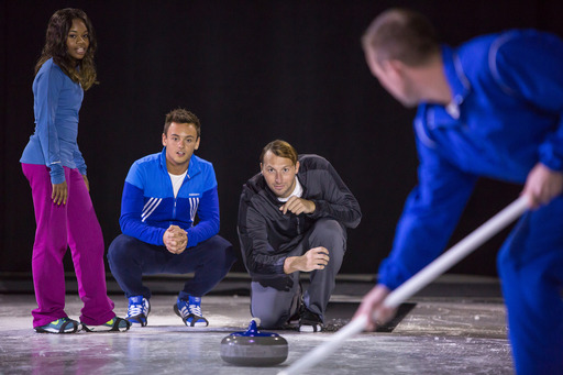 U.S. gymnast Gabby Douglas, British diver Tom Daley and Australian swimmer, Ian Thorpe take a turn at curling onboard Royal Caribbean's Allure of the Seas as part of the Caribbean Cup Challenge