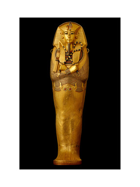 Golden Coffins – All three reproductions of the golden coffins depict the late king mummiform and are wrapped in a feather dress, holding insignia of power in crossed hands.