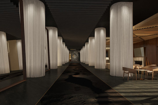Leading to the lobby, guests will walk down an inviting pathway of stone surrounded by towering columns enveloped in white sheers and statement mirrors. (Rendering)