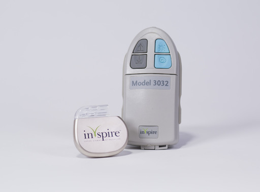 The Inspire therapy generator is implanted in the upper chest in an outpatient procedure. The Inspire sleep remote is used to turn the therapy on before bed and off upon waking.
