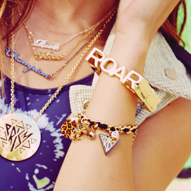 Roar Nameplate Pendant Necklaces; PRISM Round Pendant Necklace; Roar Square Hinged Bangle Bracelet; Roar Charm Bracelet