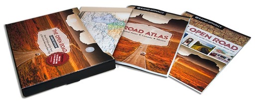 The Open Road Gift Set includes The Open Road retrospective of the American Road Trip, a Rand McNally Mid-sized Road Atlas, a decorative Wall Map, and gift box.