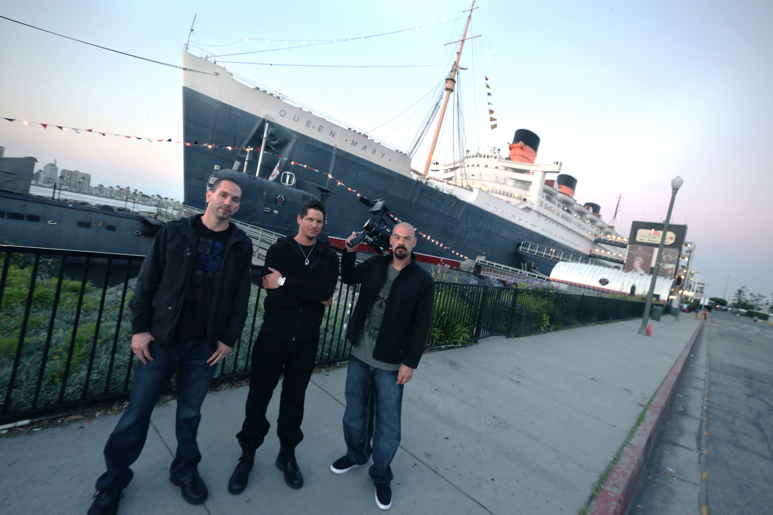 Ghost Adventures: Nick Groff, Zak Bagans and Aaron Goodwin outside RMS Queen Mary before lockdown