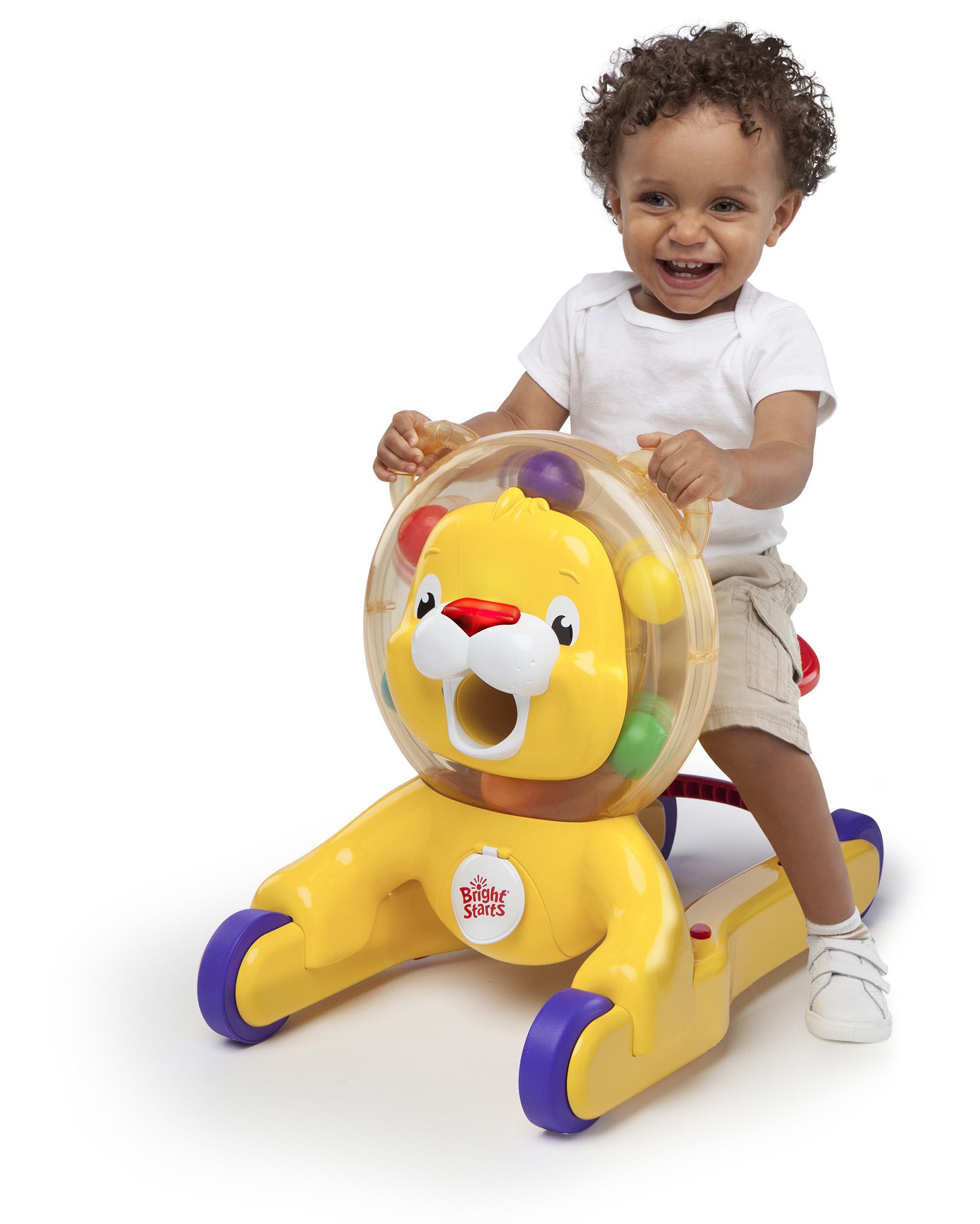 3-in-1 Step 'N Ride Lion grows with baby and has three ways to play: sit and play, walk and play, walk and ride. When baby puts the balls into Lion-s mouth, the balls in the mane spin.