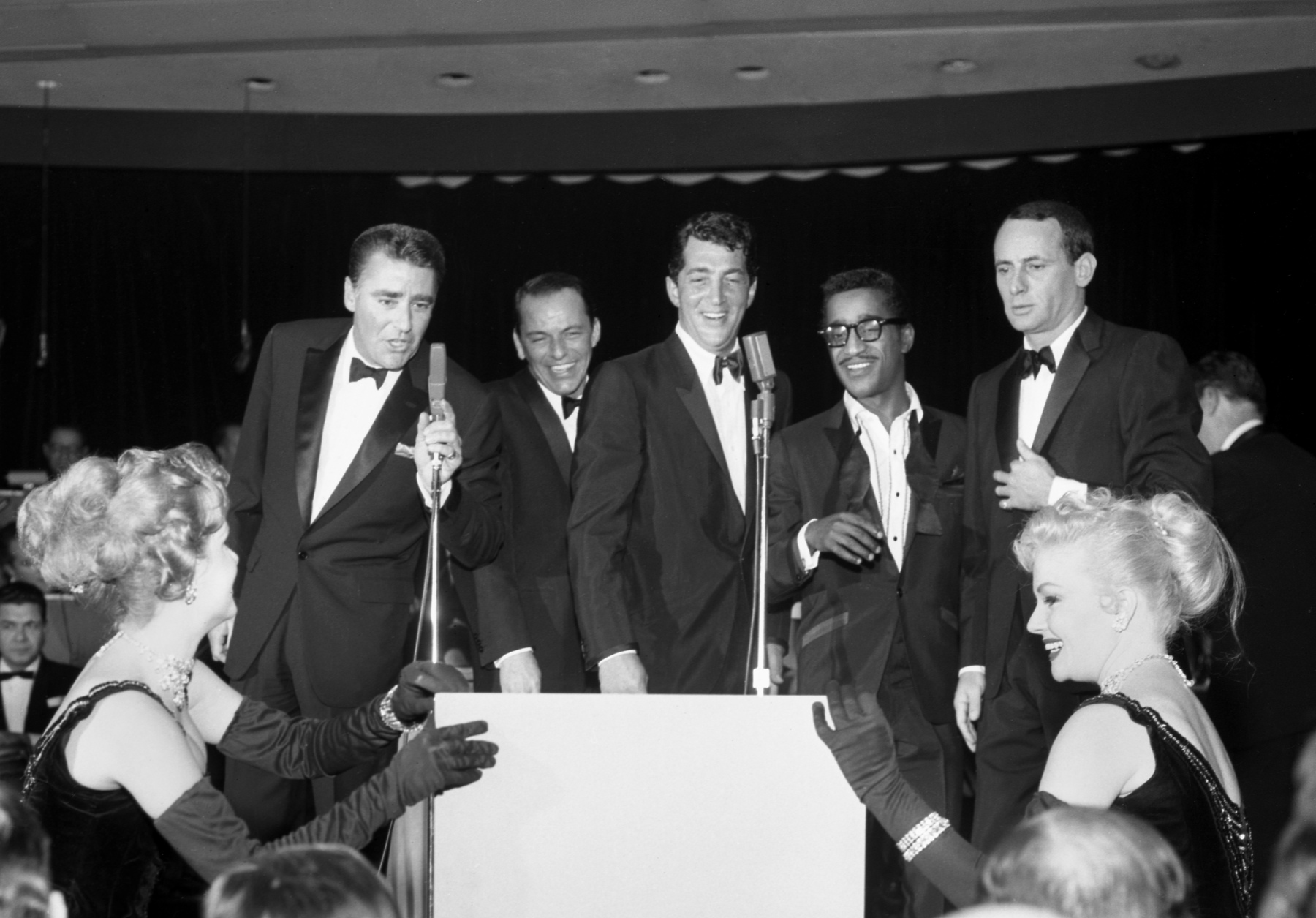 The Rat Pack performs in Las Vegas at the Sands Hotel on January 20, 1960. From Left: Peter Lawford, Frank Sinatra, Dean Martin, Sammy Davis Jr. and Joey Bishop.  CREDIT: Las Vegas News Bureau. For editorial use by news organizations only.