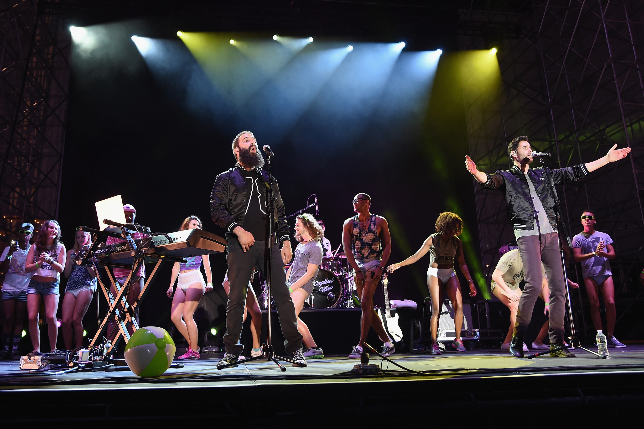Capital Cities performs as dancers wear Depend Underwear at the Drop Your Pants and Dance for Underwareness charity event at Pier 97 in New York City.