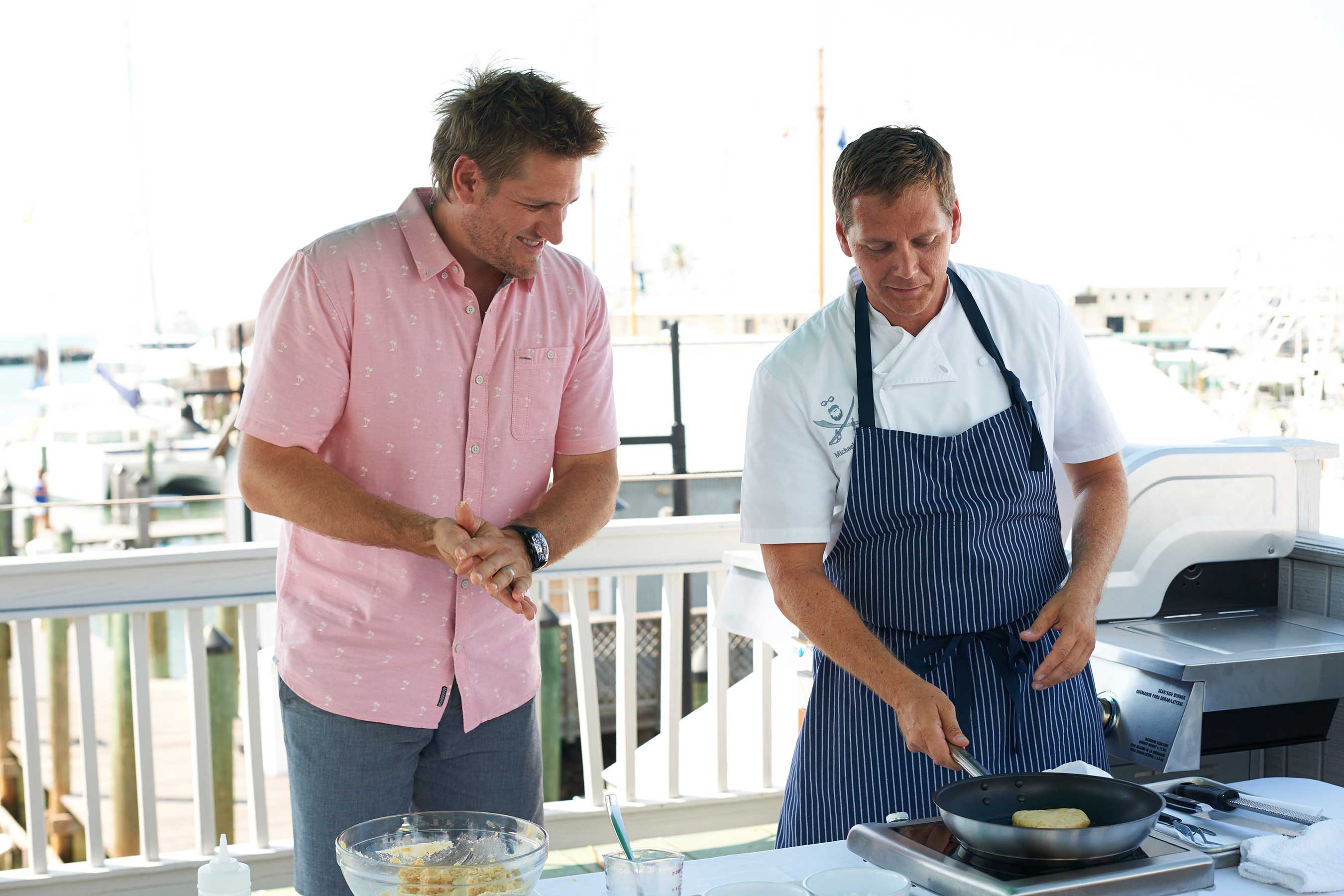 Host Curtis Stone with Chef Micheal Schultz at Turtle Kraals on Food Network's Beach Eats