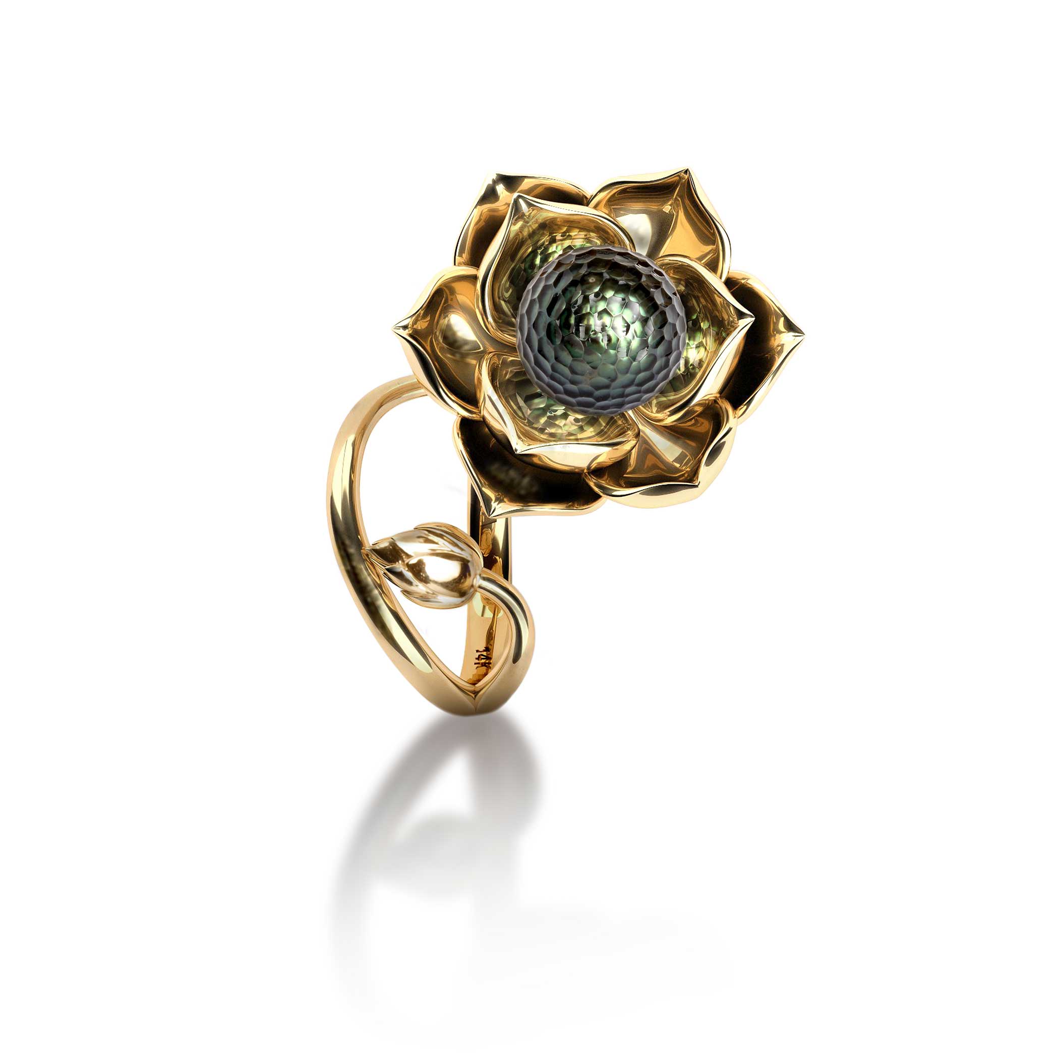 Hand-carved Tahitian pearl sits at the center of the 14k yellow gold "Lotus" NFC-enabled Momento Pearl(TM) ring from Galatea: Jewelry by Artist.