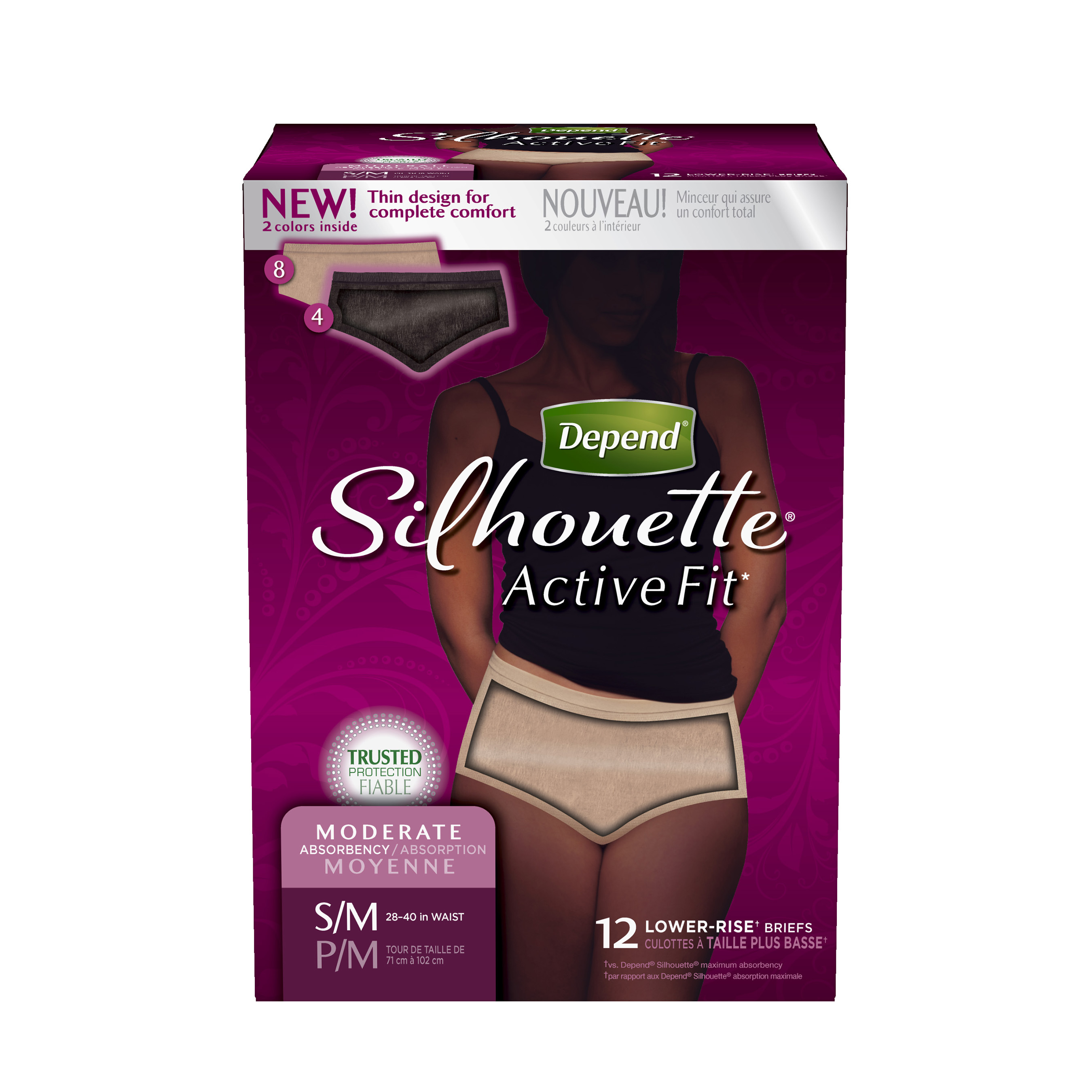 New Depend Silhouette Active Fit briefs feature a thin design for complete comfort; a lower rise for an underwear-like look, fit and feel; and come in beige and black colors.