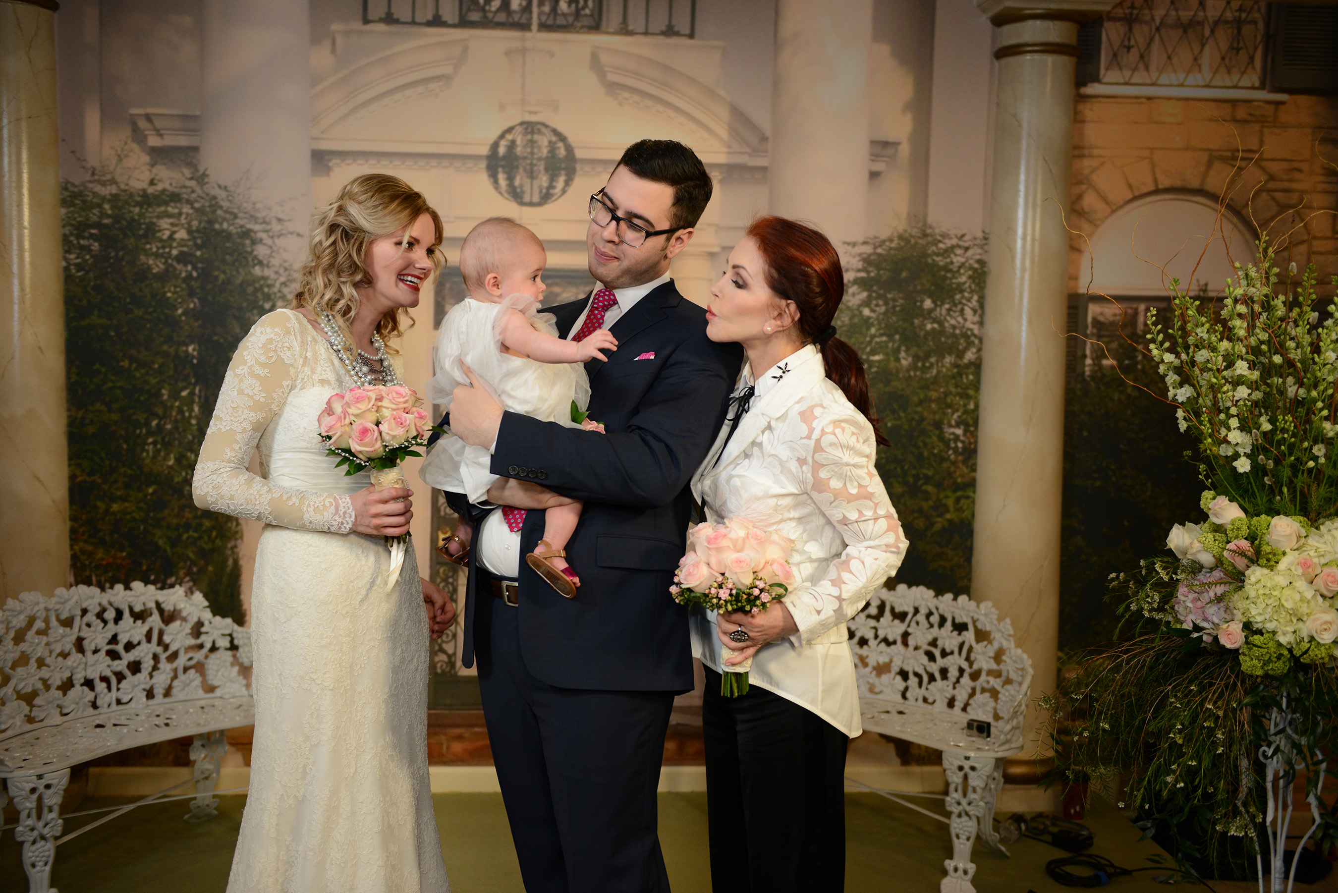 Priscilla Presley served as Matron of Honor for TODAY Show couple Kaycee Satava and Cameron Baker and their baby daughter Lucy in the first wedding held at Elvis Presley’s Graceland Wedding Chapel.