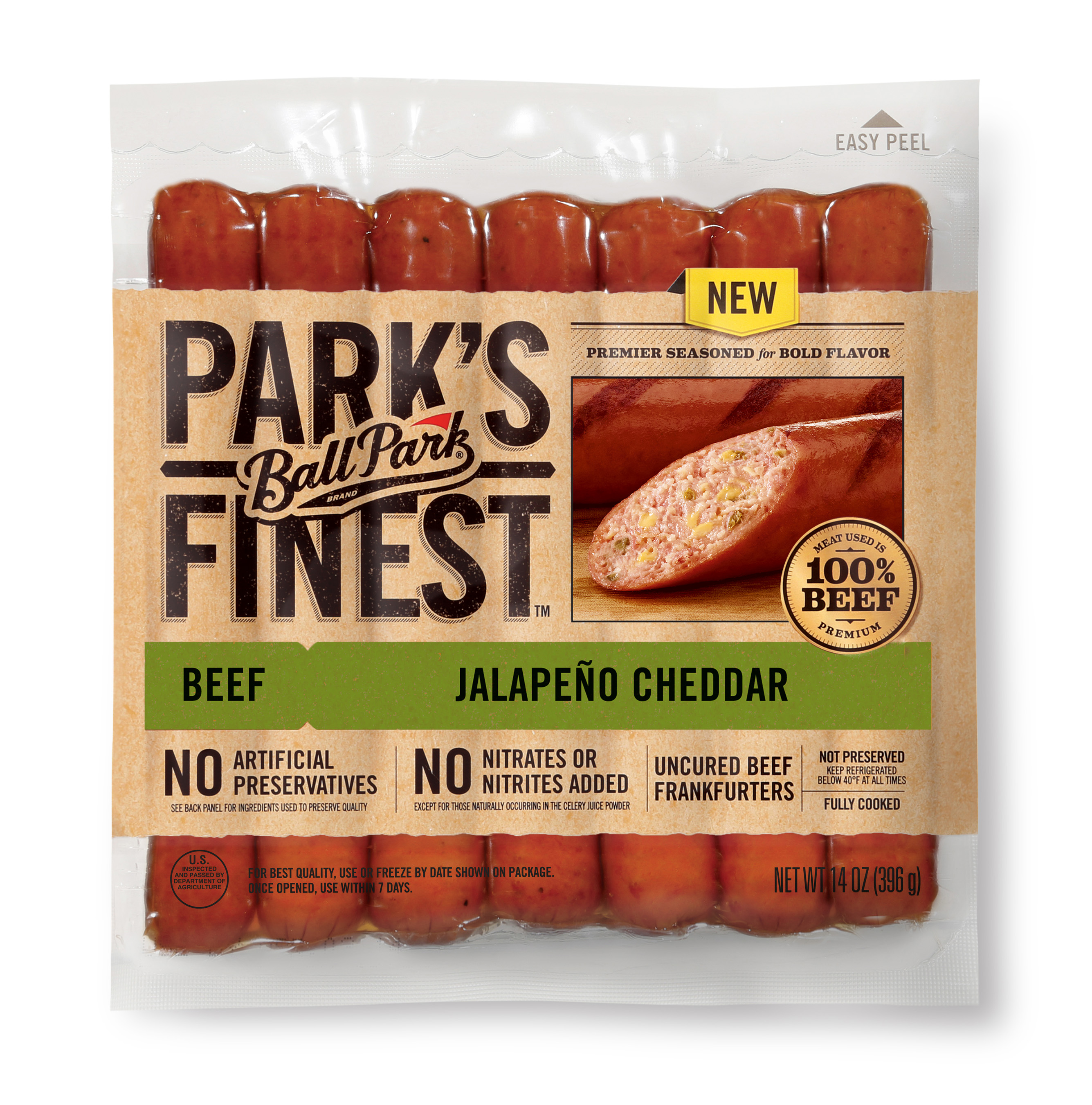 The NEW Ball Park Park's Finest(TM) Jalapeno Cheddar Frankfurters are packed with big, bold flavors and infused with premium seasoning you can see.