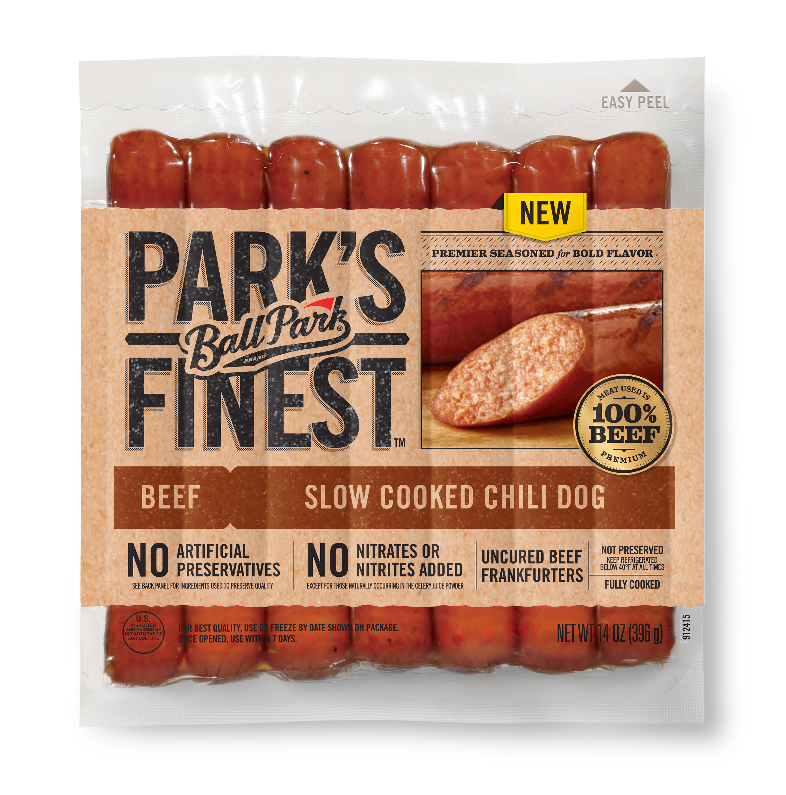 The NEW Ball Park Park's Finest(TM) Slow Cooked Chili Frankfurters are packed with big, bold flavors and infused with premium seasoning you can see.