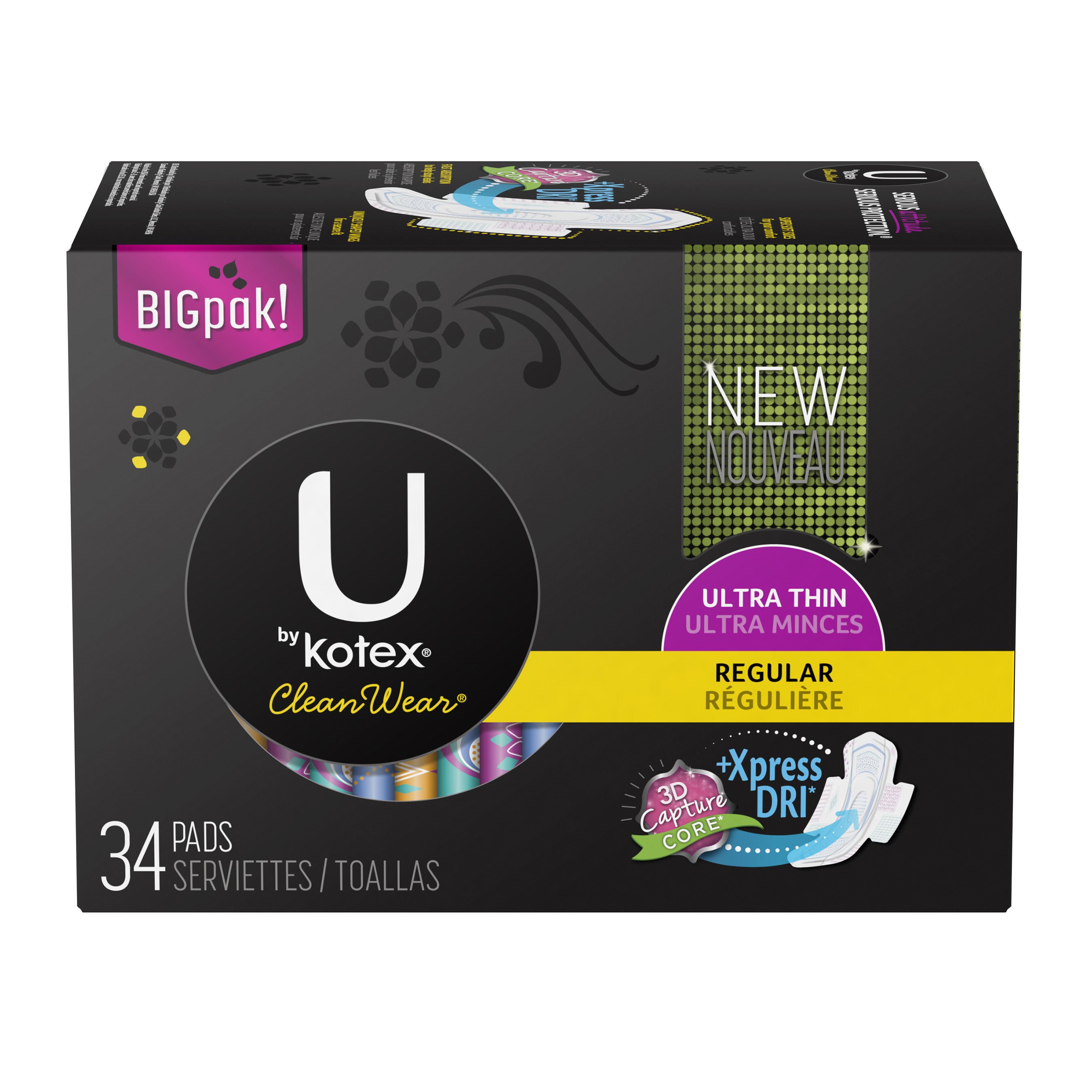 U by Kotex CleanWear Ultra Thin Pads also feature new 3D Capture Core and Xpress DRI Cover, uniquely shaped wings for a secure fit and an ultra thin, four-layer absorbent system.
