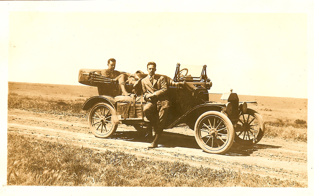 Ford Model T, Horace J. Caulkins, Jr. (left) and Edsel B. Ford (right) in jacket and necktie under “very hot sun” in the Kanas Plains. (Photo: AACA Library/Historic Vehicle Association)