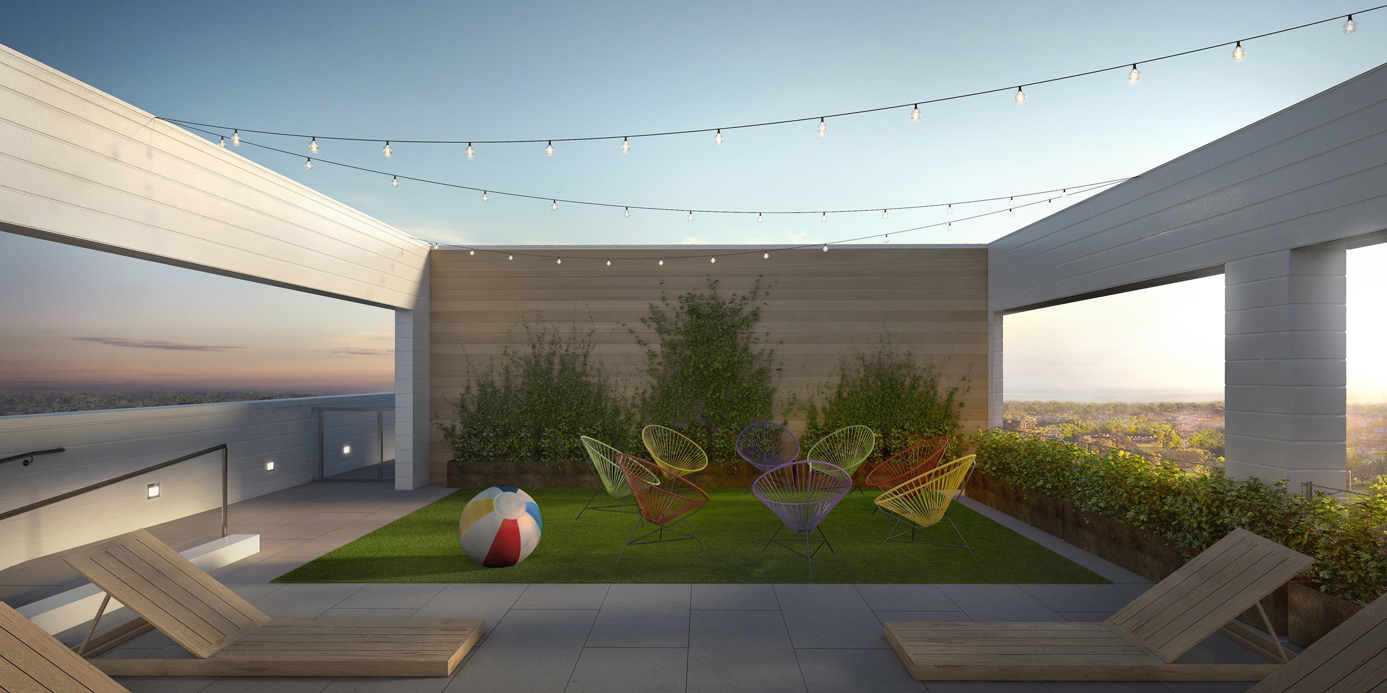 The roof deck, with sweeping views of Asbury Park, provides residents with a place to relax and mingle.