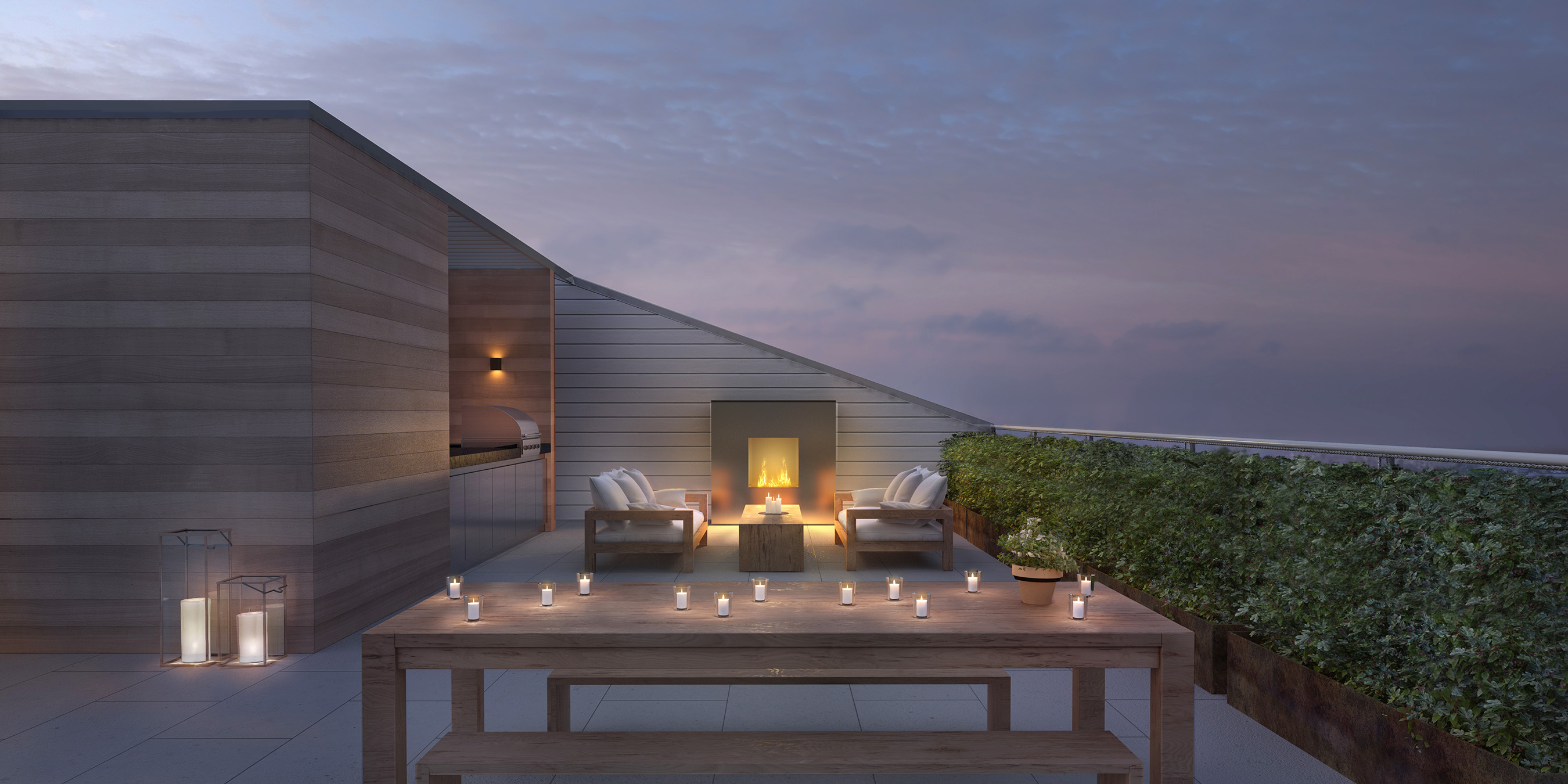 The private terrace, replete with a Raw Urth Designs Napa fireplace and KitchenAid grill, is the ultimate place to host a barbeque and enjoy summer weather on the Jersey Shore.