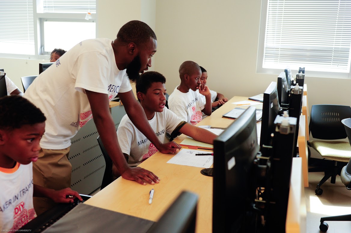 Middle school students at work at Verizon’s Minority Male Makers program in Baltimore Maryland, July 14, 2015. Credit: Morgan State University 
