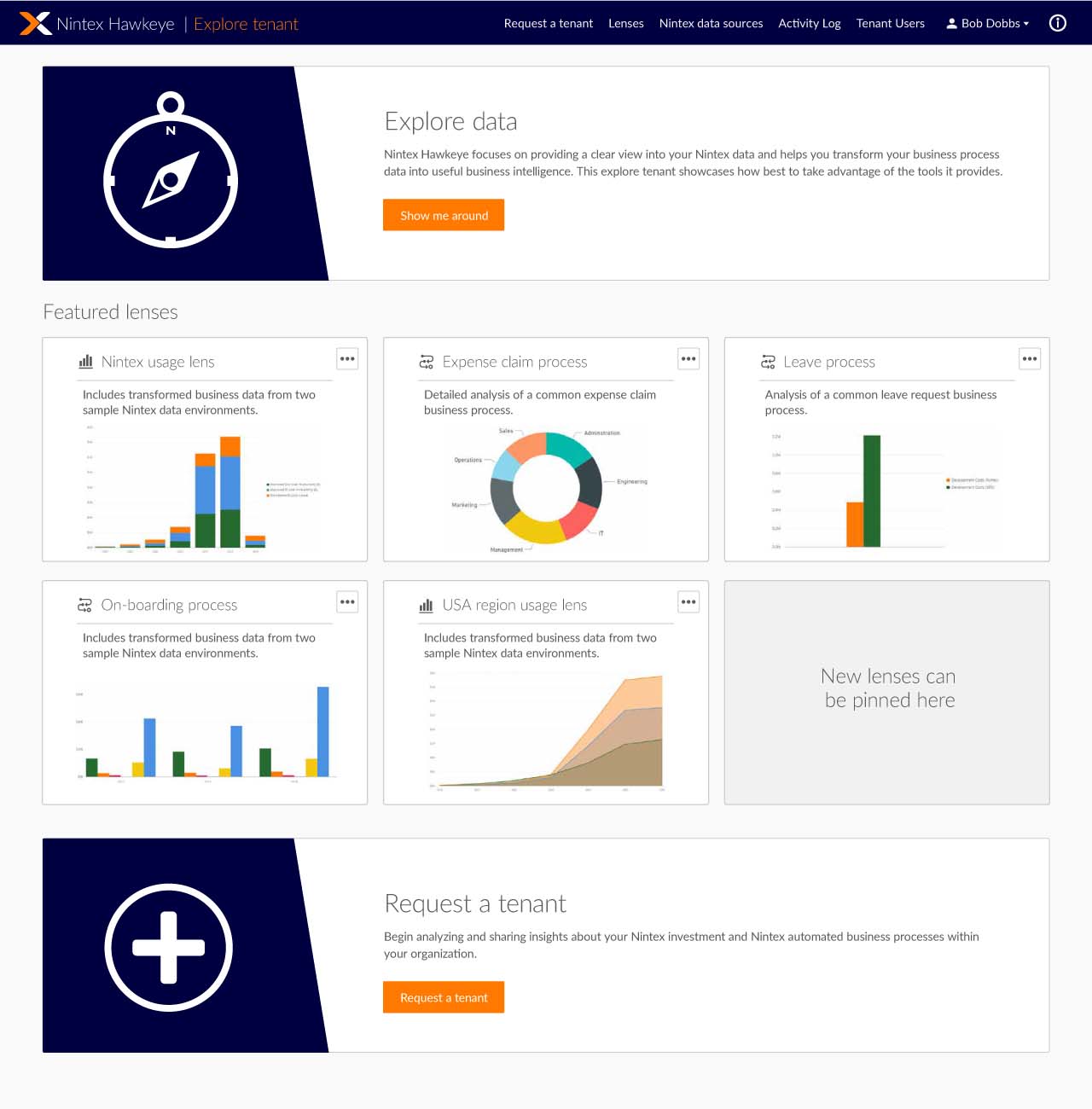 Nintex Hawkeye’s Explorer Tenant features pre-populated processes so users can experience sample data and dashboards. 