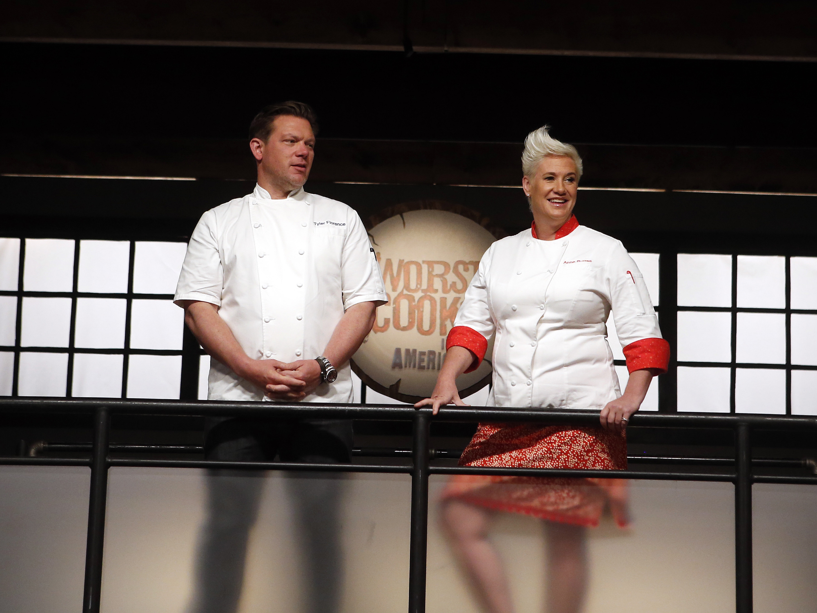 Hosts Tyler Florence and Anne Burrell on Food Network's Worst Cooks in America
