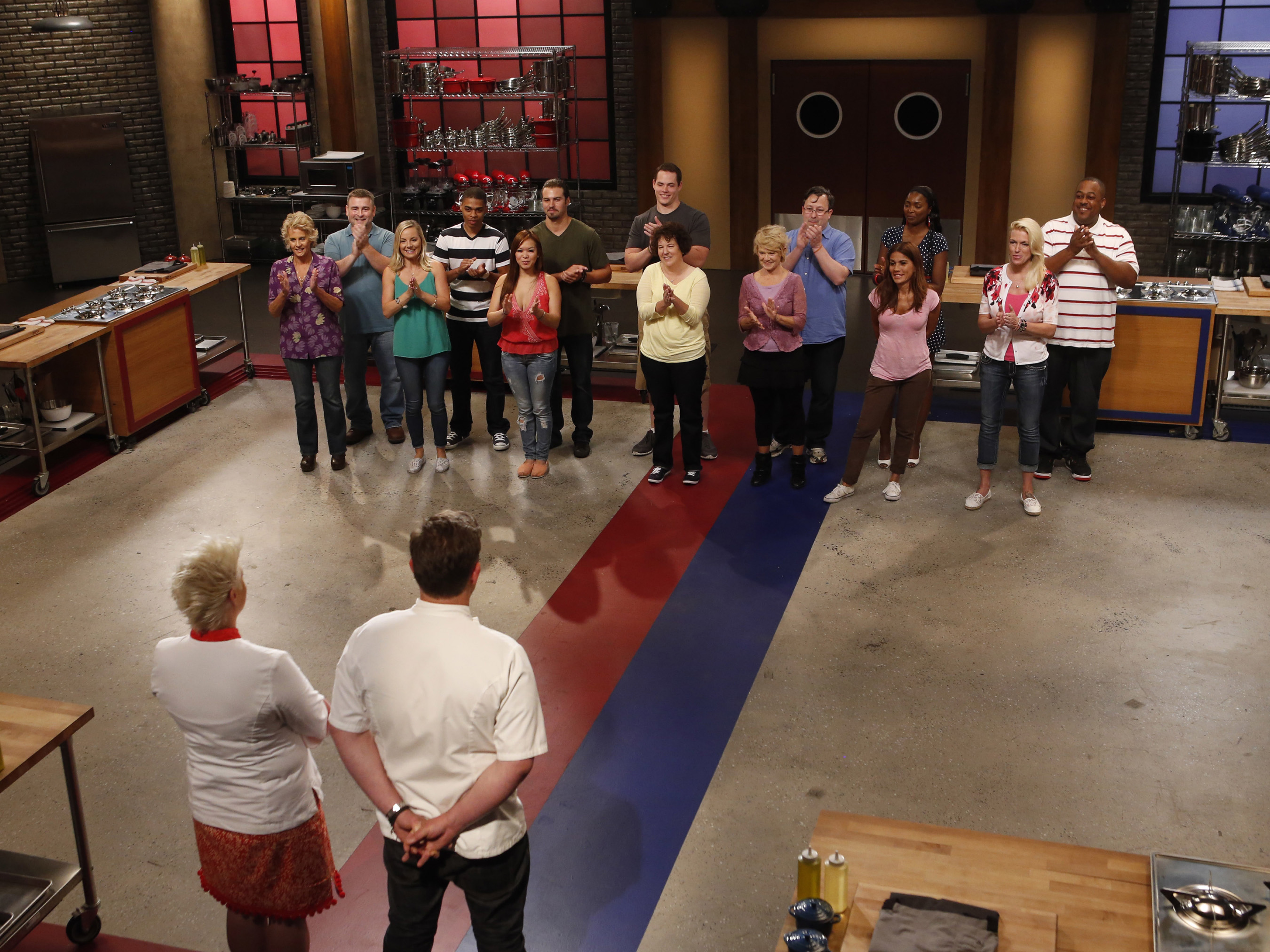 Recruits are welcomed by hosts Tyler Florence and Anne Burrell on Food Network's Worst Cooks in America