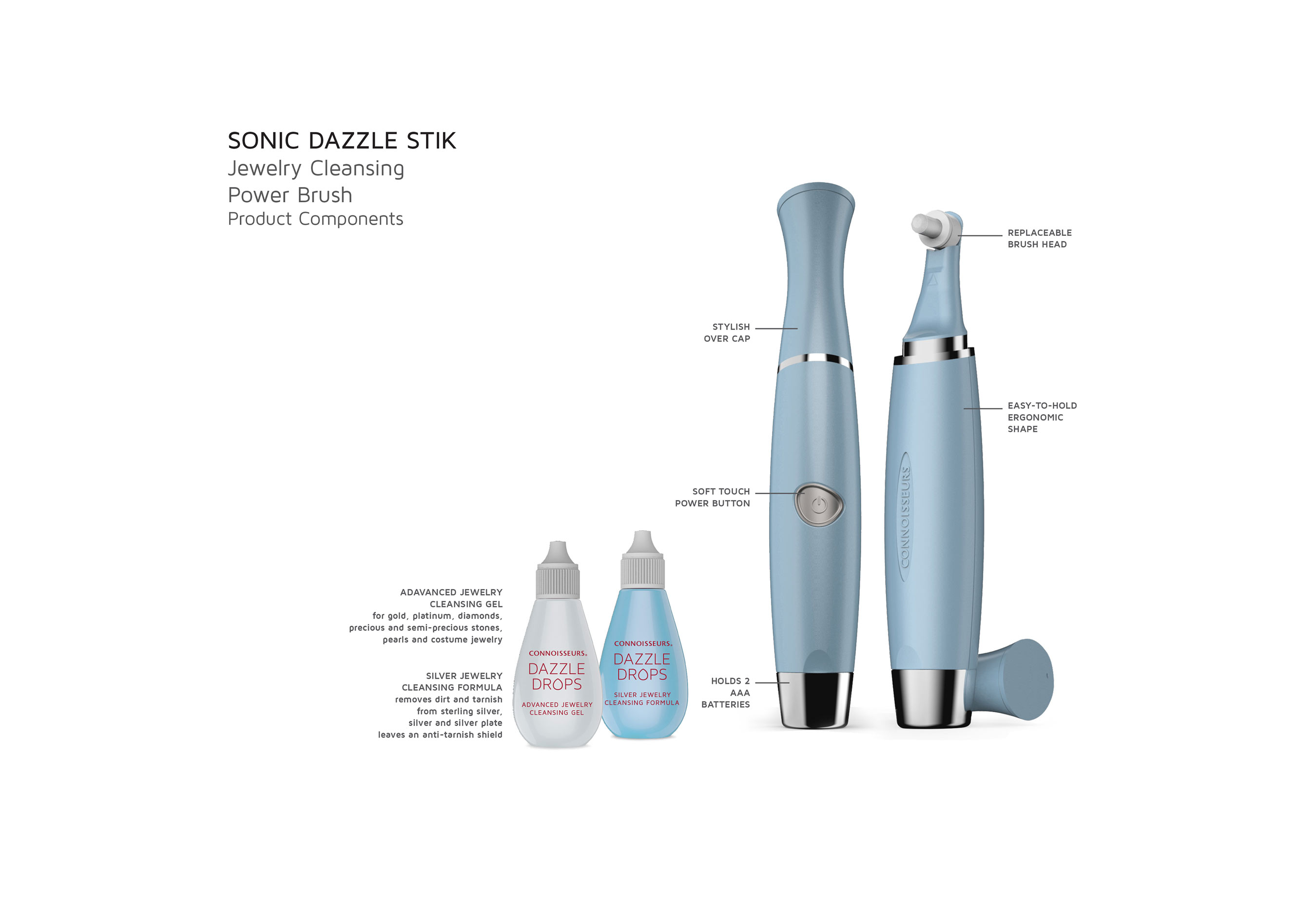 Connoisseurs Sonic Dazzle Stik™ Jewelry Cleansing Power Brush Product Components