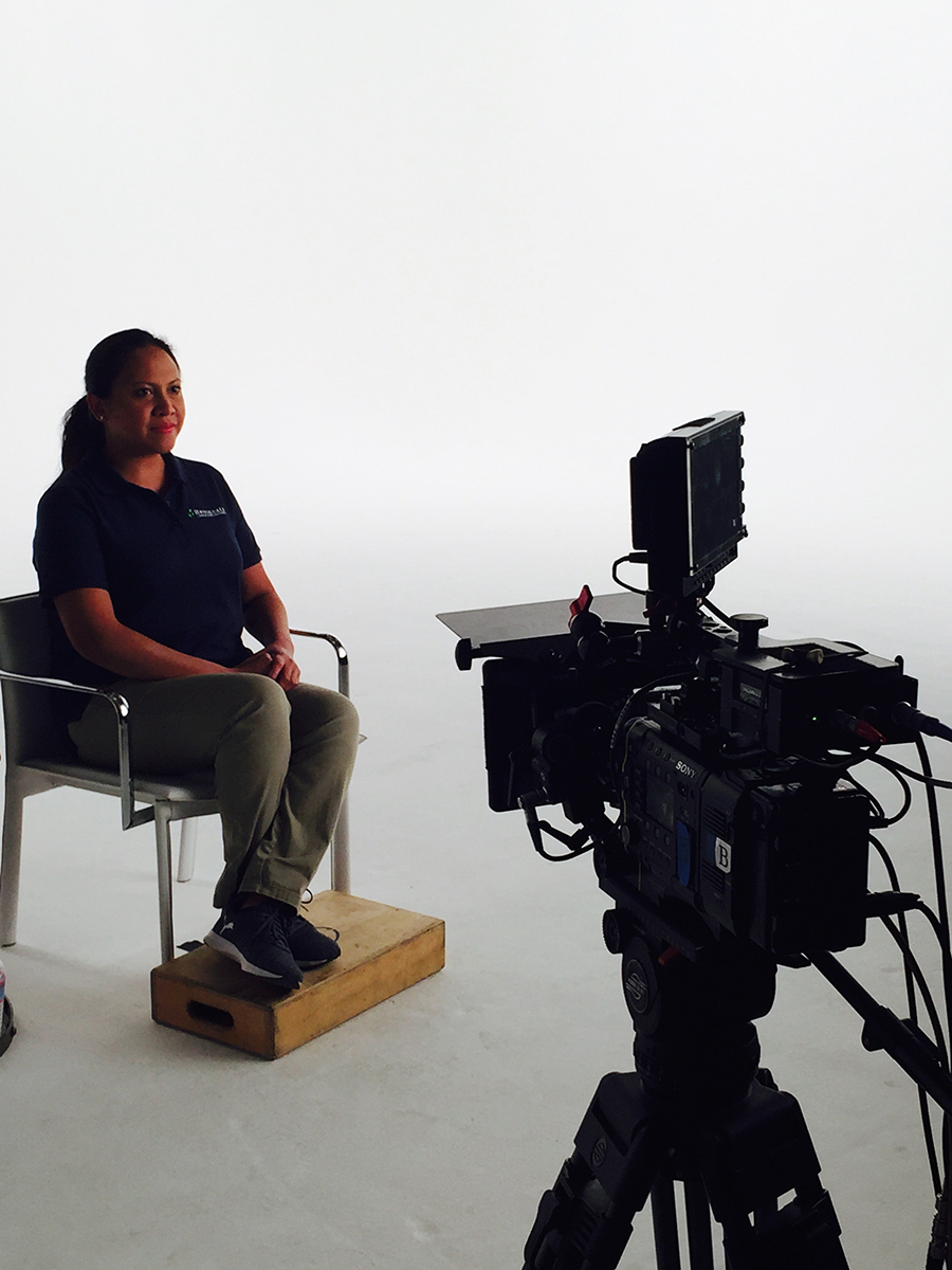 Deborah E., a Brookdale associate in Tarzana, CA., prepares to film a commercial.