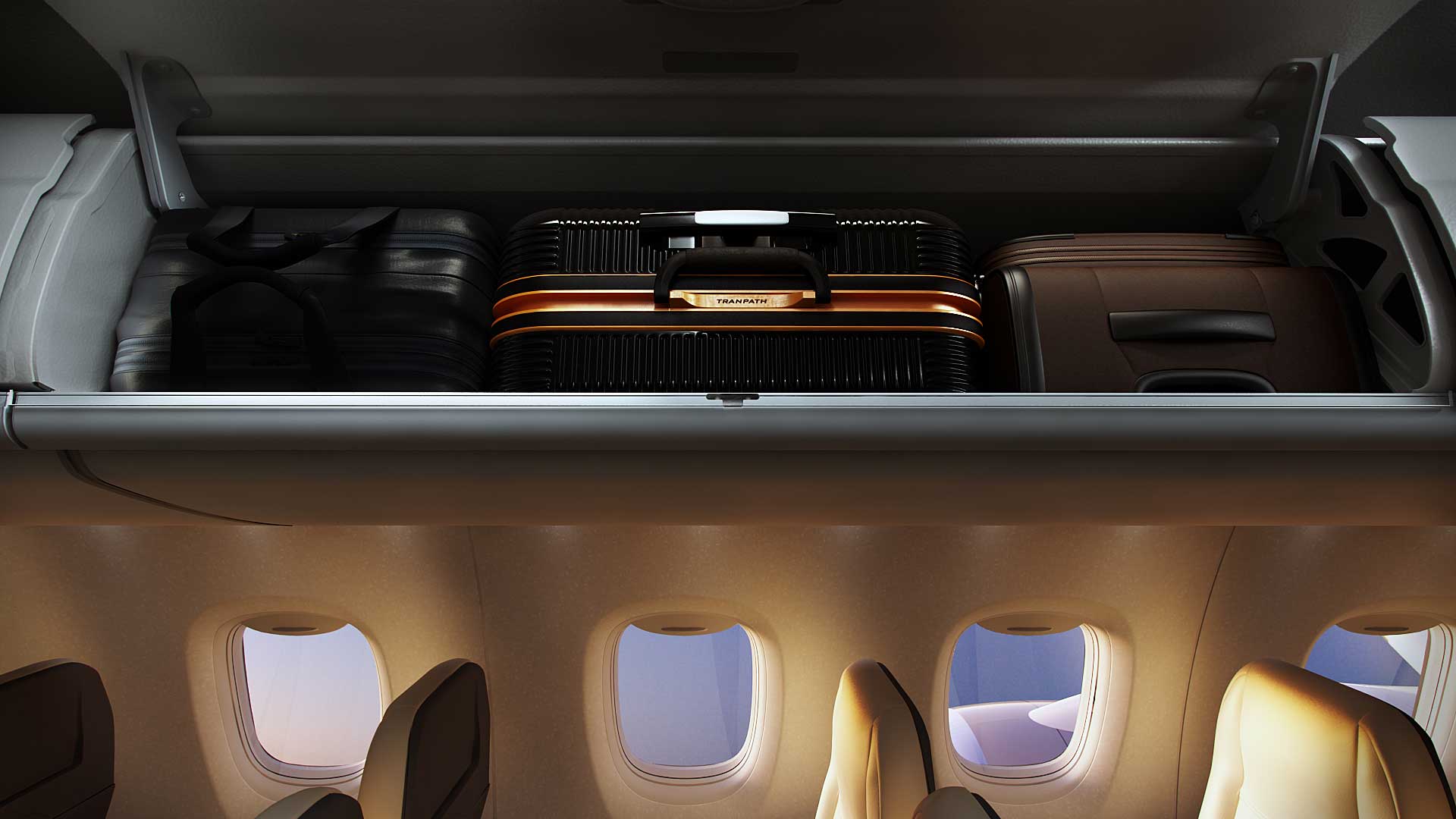 The MRJ's overhead bins can accommodate the maximum-sized carry-on bags currently allowed by airlines