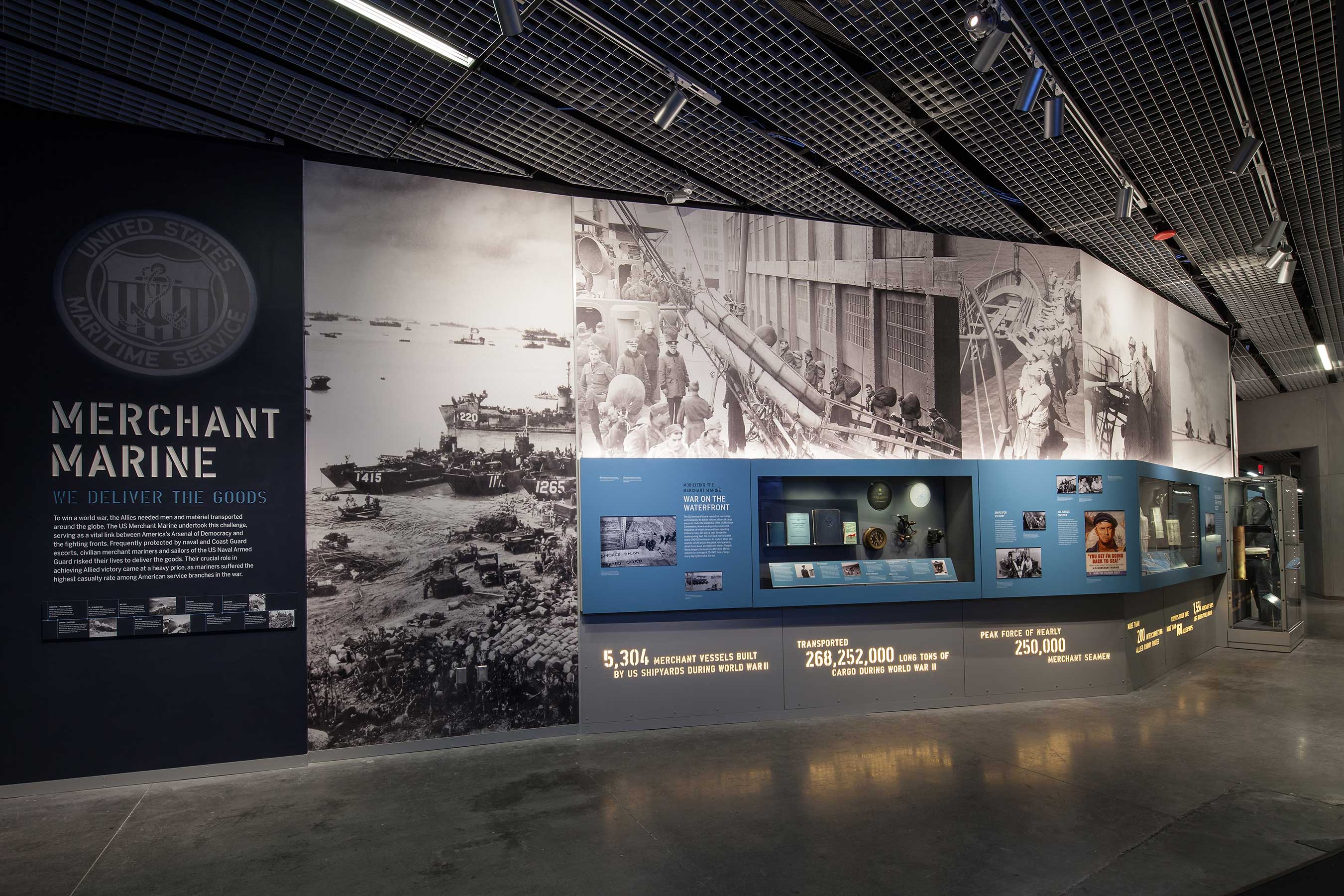Situated at the end of the new American Spirit Bridge, on the second floor of the Solomon Victory Theater complex, this stand-alone 940-square-foot gallery honors the civilian merchant mariners who risked their lives transporting weapons, men, and matériel to US troops overseas.