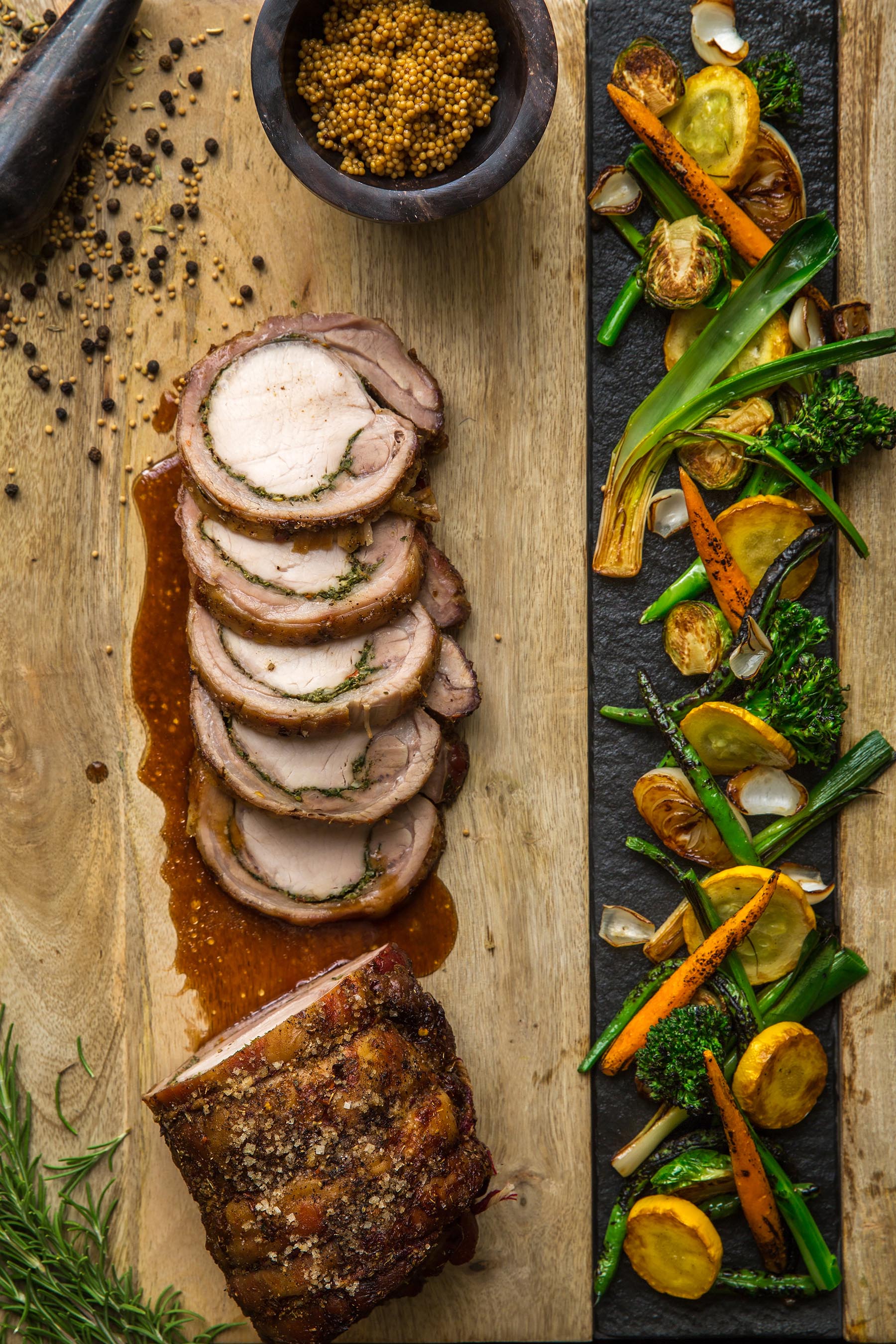 Prepared on Harvest’s contemporary rotisserie, the noteworthy 24-hour local-ale-brined Slow Roasted Porchetta is seasoned to perfection with rosemary and garlic
