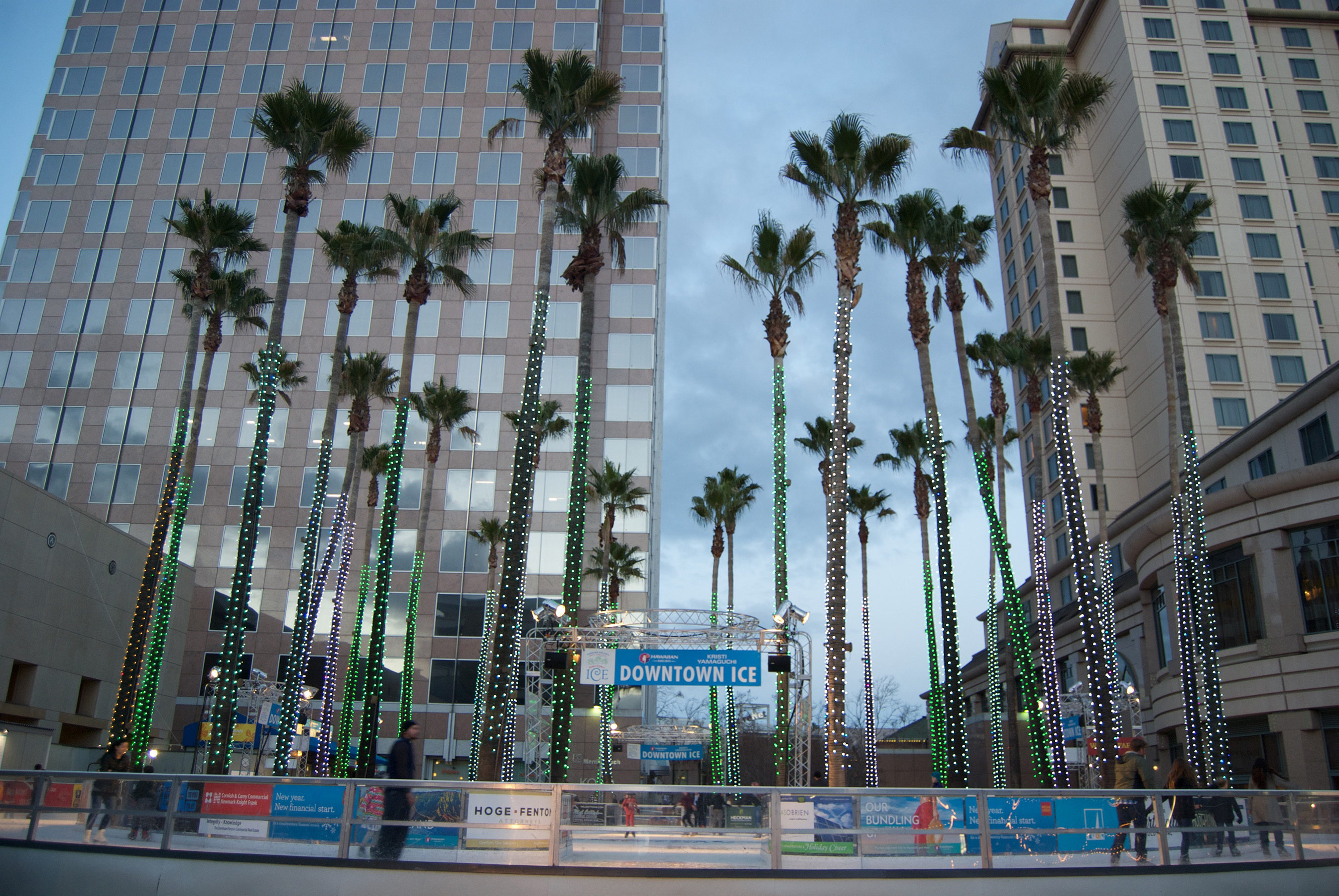 Visitors can enjoy ice skating under palm trees and dancing lights throughout Game Week.