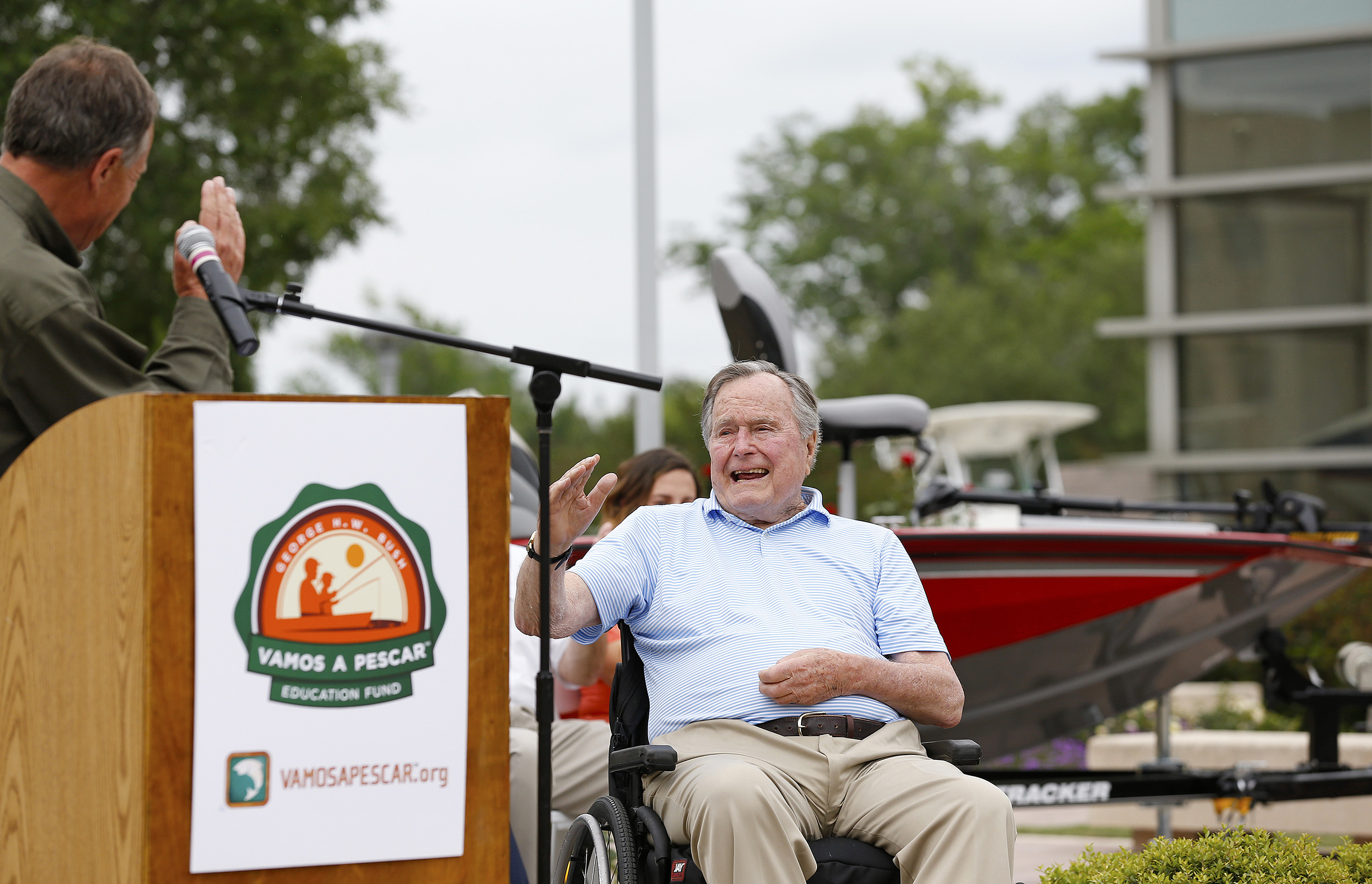 Johnny Morris, Founder and CEO of Bass Pro Shops, left, salutes President George H.W. Bush for his commitment to the fishing community during a Recreational Boating & Fishing Foundation (RBFF) event at the George Bush Presidential Library on Thursday, April 14, 2016, in College Station, Texas. RBFF is a nonprofit organization whose mission is to increase participation in recreational angling and boating, thereby protecting and restoring the nation’s aquatic natural resources. (Aaron M. Sprecher/AP Images for RBFF)