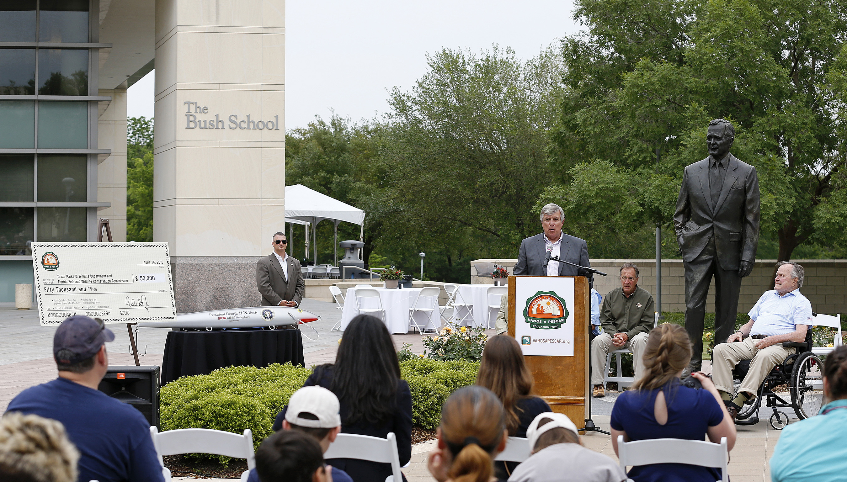 Frank Peterson, President and CEO of Recreational Boating & Fishing Foundation (RBFF), announces a donation to organizations bringing conservation, education and fishing and boating experiences to Hispanic families during a RBFF event at the George Bush Presidential Library on Thursday, April 14, 2016, in College Station, Texas. RBFF is a nonprofit organization whose mission is to increase participation in recreational angling and boating, thereby protecting and restoring the nation’s aquatic natural resources. (Aaron M. Sprecher/AP Images for RBFF)