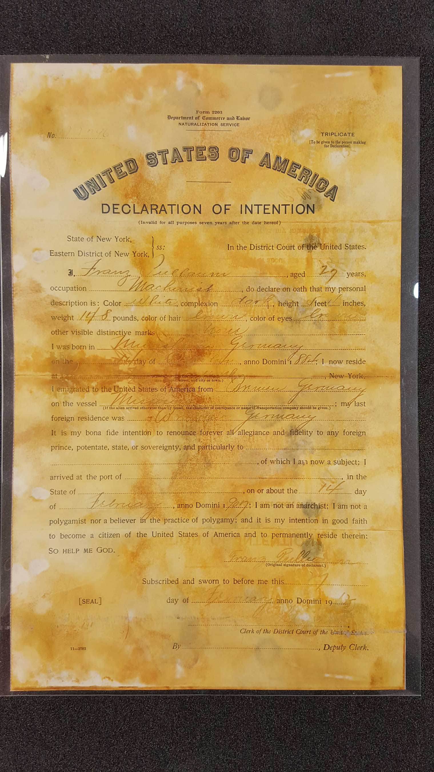 2nd class passenger Franz Pulbaum, a machinist originally from Germany, intended to become a U.S. citizen. The form would’ve been used to allow him a smooth disembarkation.(Credit Premier Exhibitions)