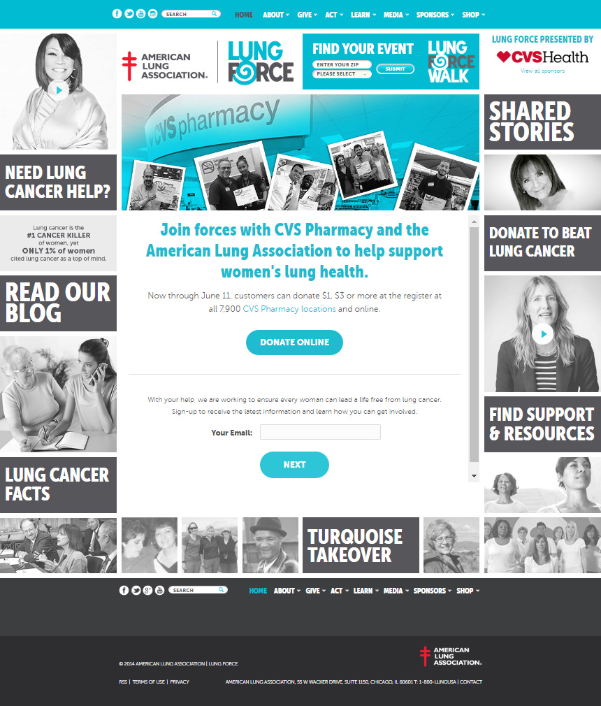 Image of LUNGFORCE landing page that encourages CVS Pharmacy customers to donate online to support women’s lung health.