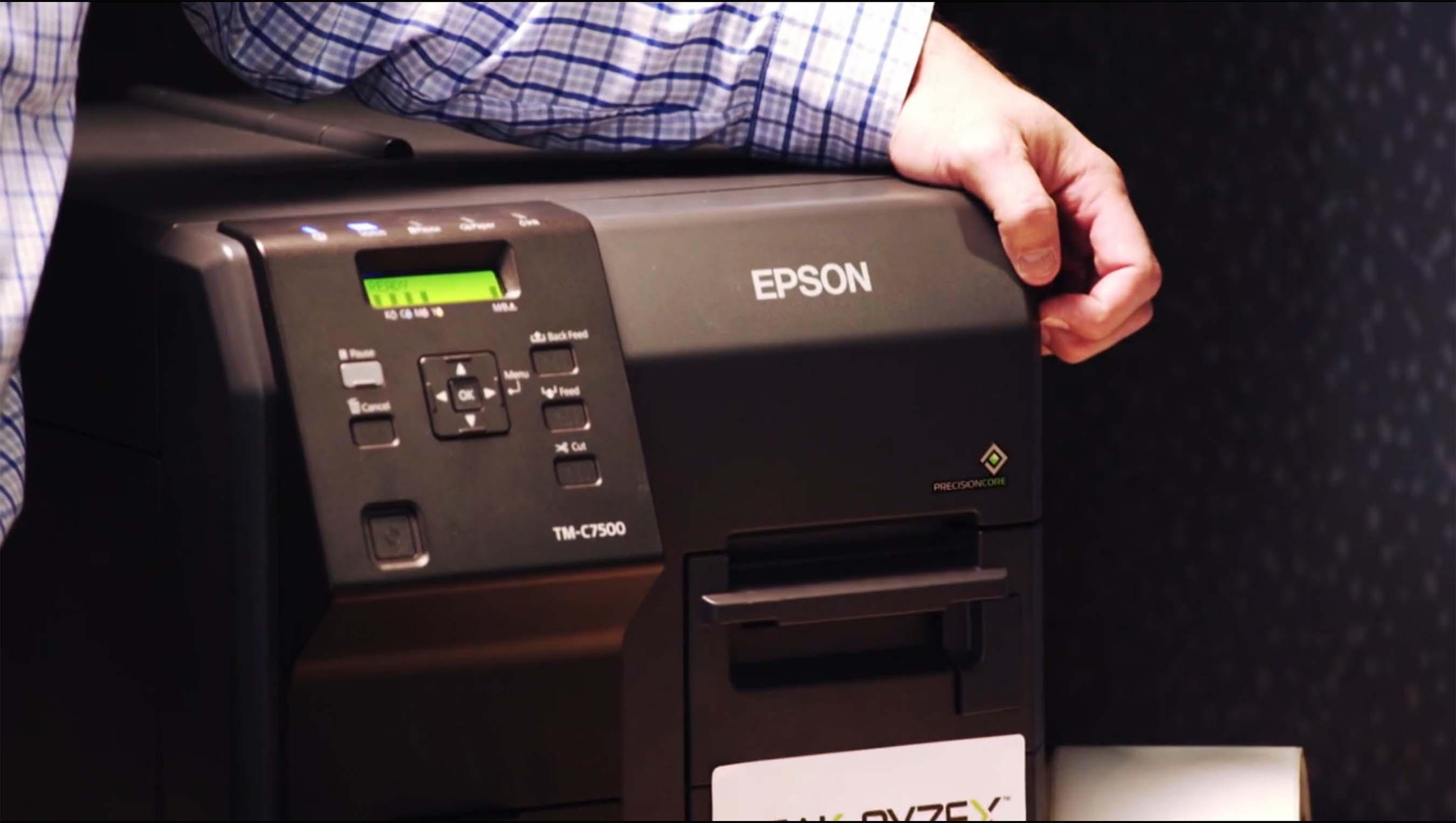 A close up of Millstone Medical’s Epson’s ColorWorks C7500G inkjet label printer