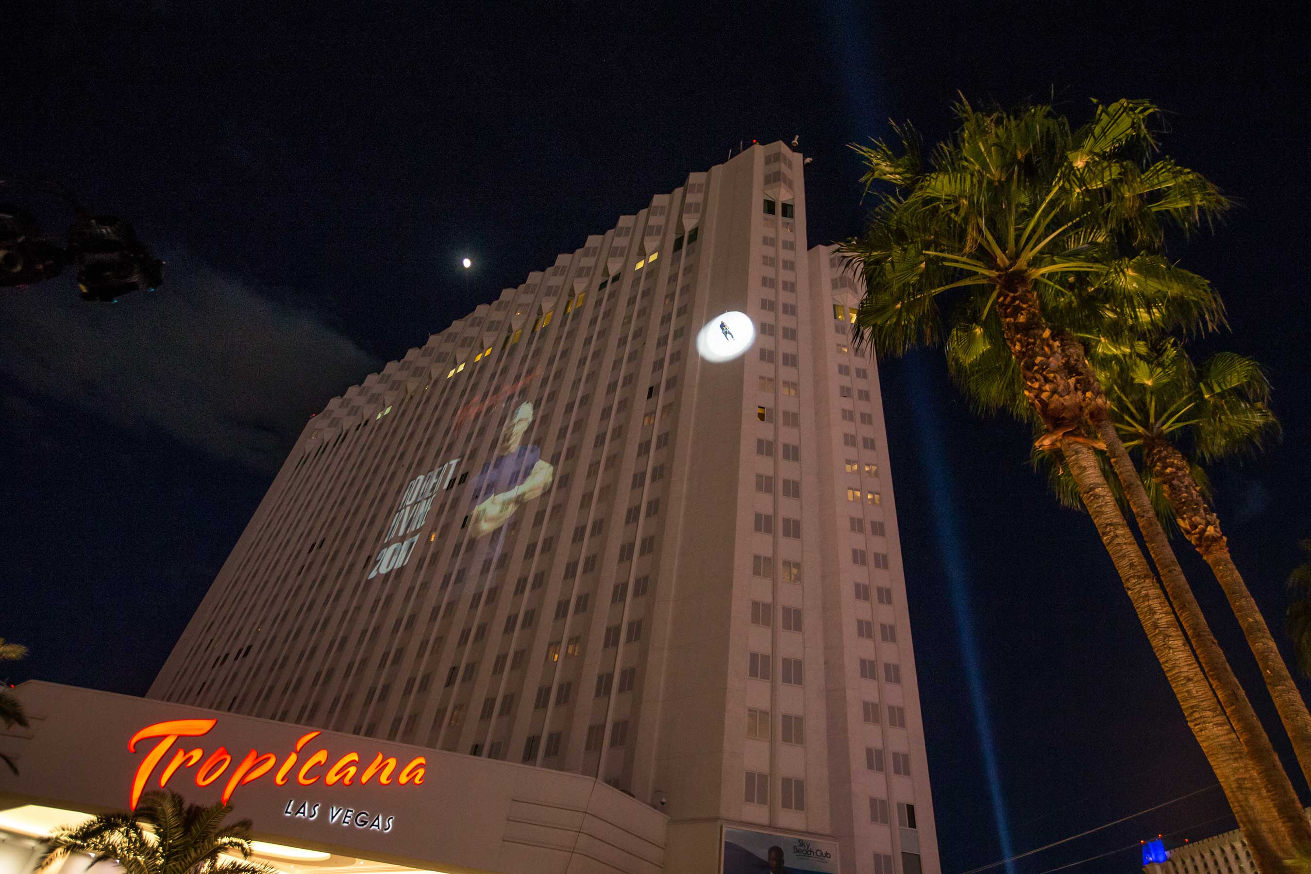 Chef Irvine rappels 22 stories (220 feet) down the exterior of the Tropicana hotel Credit: Erik Kabik Photography/ MediaPunch