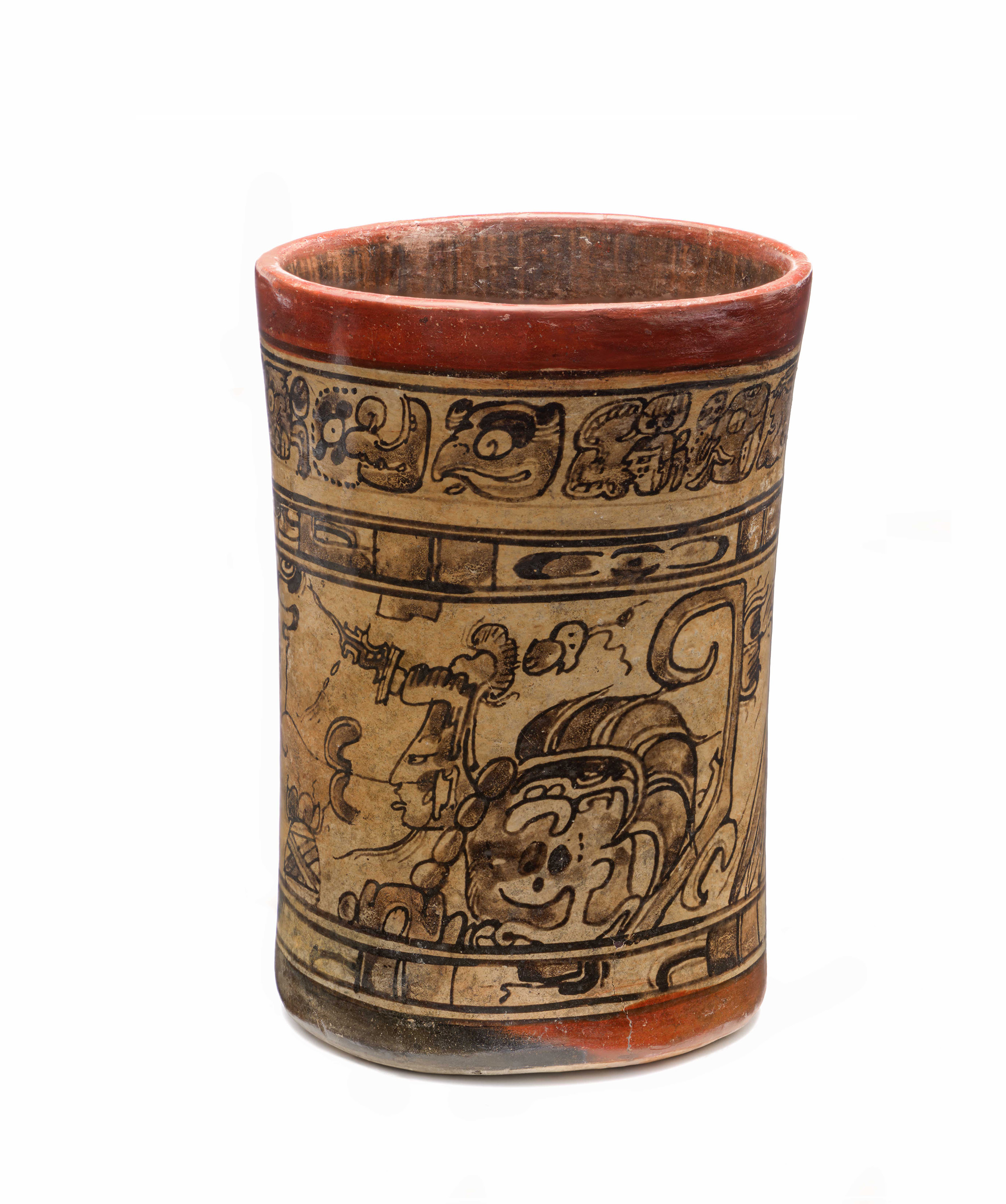 Vessel with Avian Maize God, AD 650-750, Maya, Slip-painted ceramic, Diameter: 3 9/10 in. (9.906 cm); 5 1/2 x 3 7/10 x 3 7/10 in. (13.97 x 9.398 x 9.398 cm), Los Angeles County Museum of Art, Purchased with funds provided by Camilla Chandler Frost (M.2010.115.462) Photo © Museum Associates/ LACMA