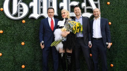 Caesars Entertainment President and CEO Mark Frissora, Gwen Stefani, Live Nation Las Vegas President Kurt Melien, Caesars Entertainment President of Entertainment Jason Gastwirth at Planet Hollywood Resort & Casino in Las Vegas April 13, 2018. Photo credit: Denise Truscello