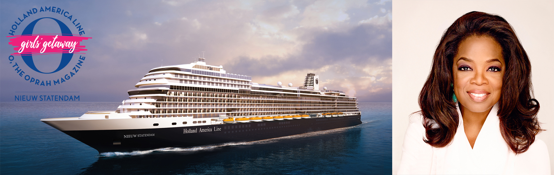 Holland America Cruise Line banner with the ship besides Oprah's headshot.