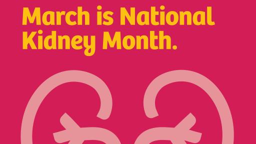 Pink graphic with illustration of a kidney, that reads: March is National Kidney Month