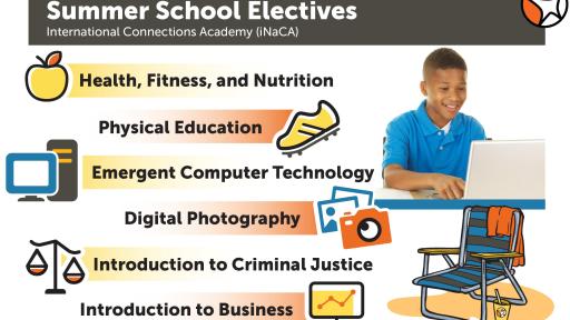 Boy on laptop. Graphic has multiple overlays listing the most popular online summer school electives.