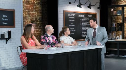 Gemma Stafford, Jason Smith and Marcela Valladolid at judging table with Scott Conant