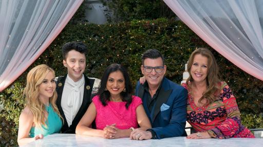 Tara Lipinski and Johnny Weir converse with the panel of judges.