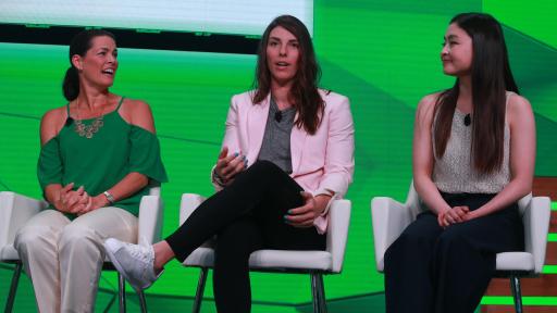 Olympic Medalists Panel: (l-r) Nancy Kerrigan, Hilary Knight, Maia Shibutani sitting on chairs on a stage.