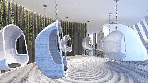 A peaceful room featuring hanging white chairs and a white grey carpet.