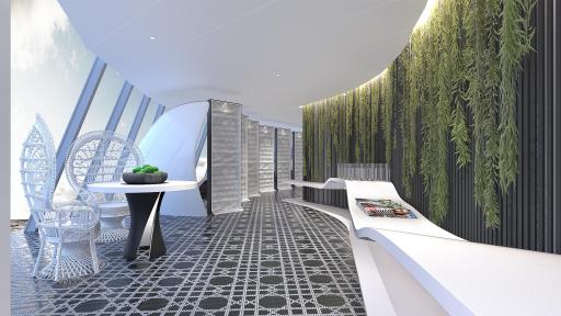 White lounge chairs on a deck.