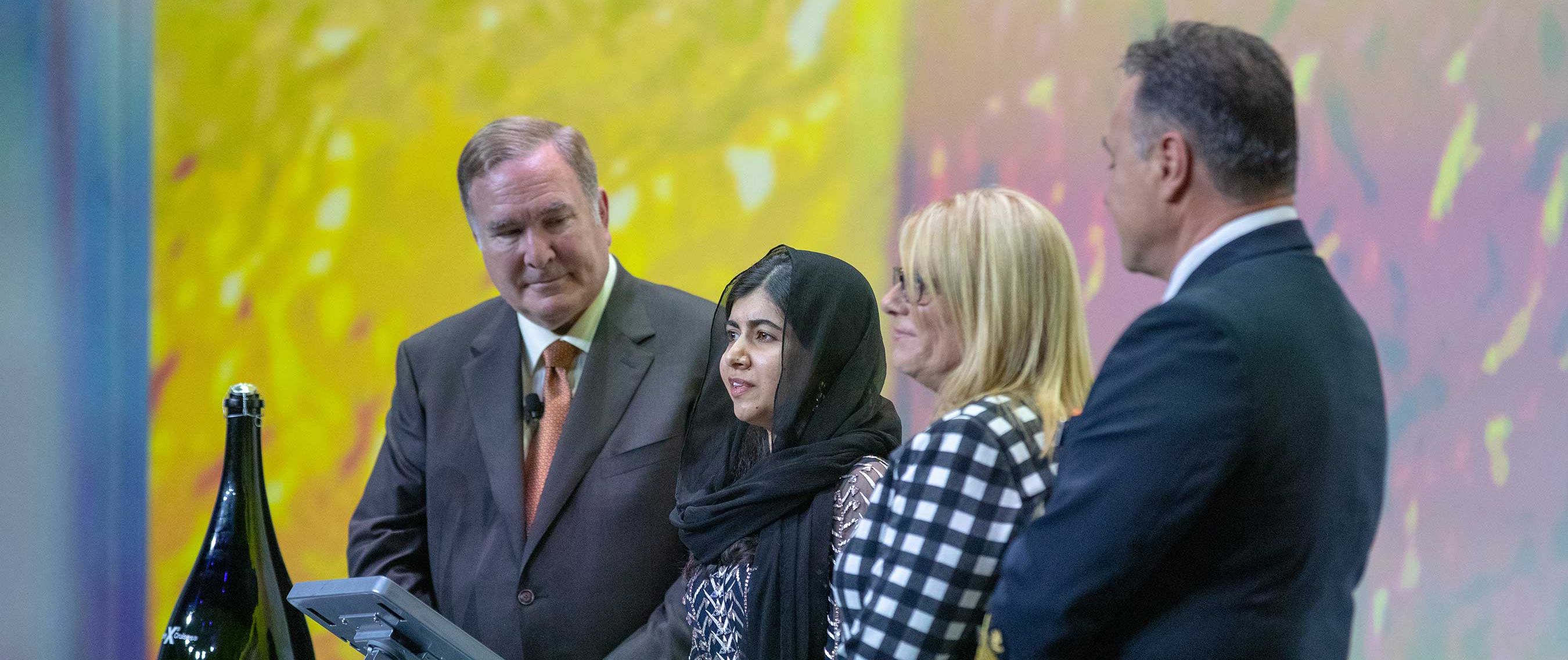 Richard D. Fain, Malala Yousafzai, Lisa Lutoff-Perlo and Capt. Costas Nestoroudis, christen Celebrity Edge at the ship’s Naming Ceremony.