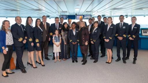 Malala Yousafzai on the bridge of Celebrity Edge alongside Celebrity Cruises President and CEO Lisa Lutoff-Perlo.